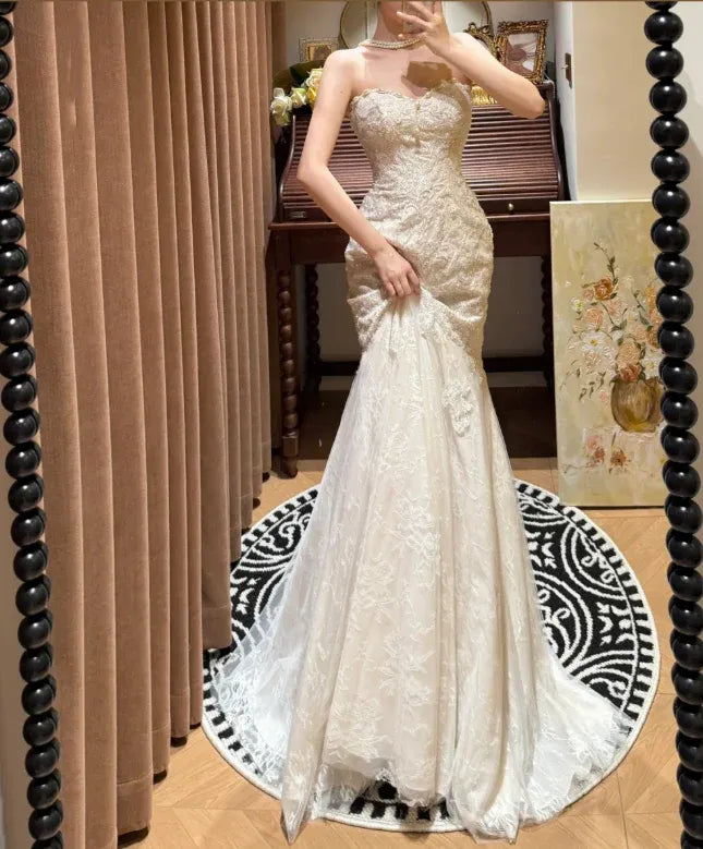 Mermaid Strapless Lace Evening Dress Beaded White Wedding Dress For Sale