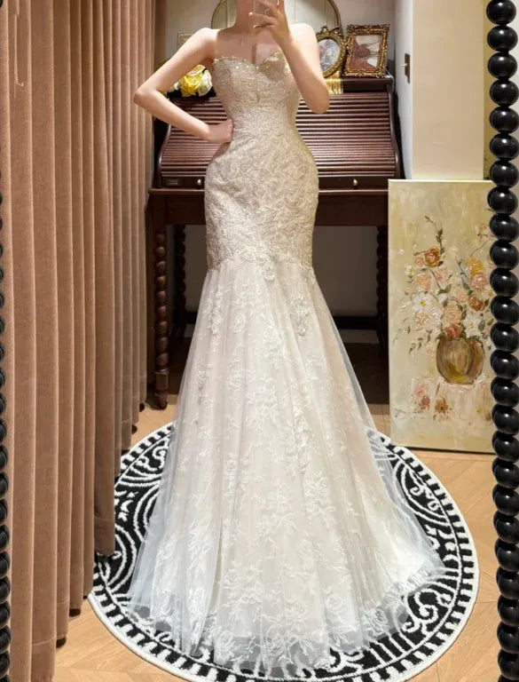 Mermaid Strapless Lace Evening Dress Beaded White Wedding Dress For Sale