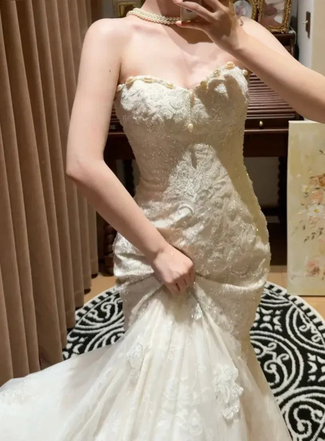 Mermaid Strapless Lace Evening Dress Beaded White Wedding Dress For Sale