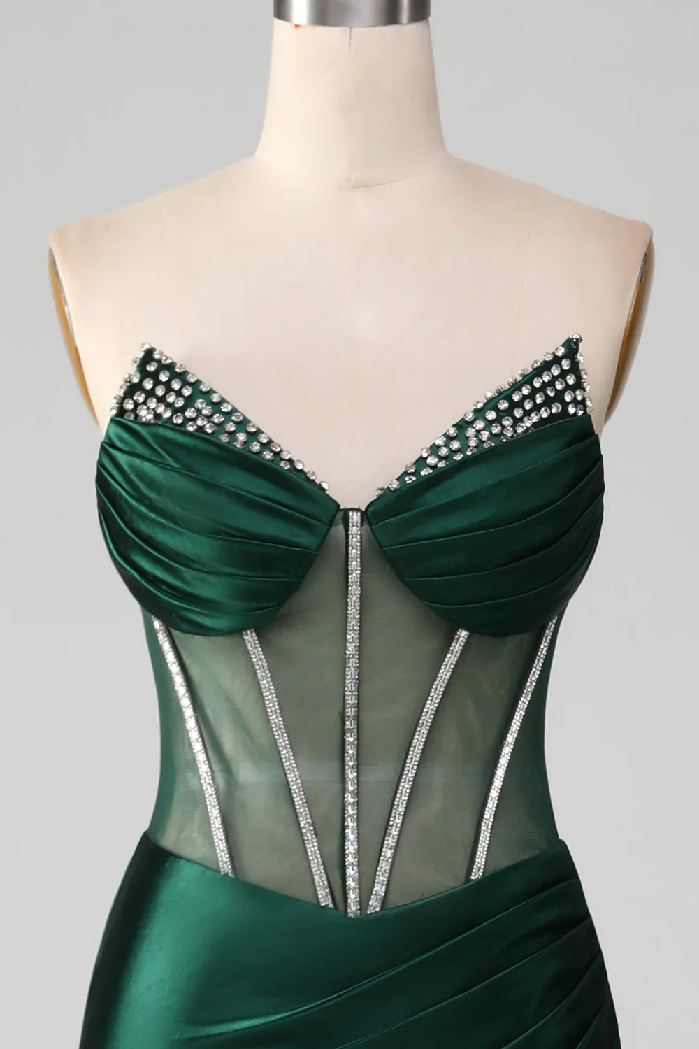 Mermaid Strapless Rhinestones Sheer Waist Corset Dark Green Prom Dress