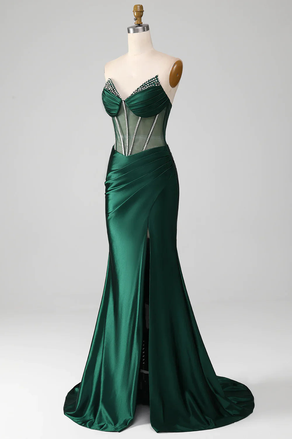 Mermaid Strapless Rhinestones Sheer Waist Corset Dark Green Prom Dress