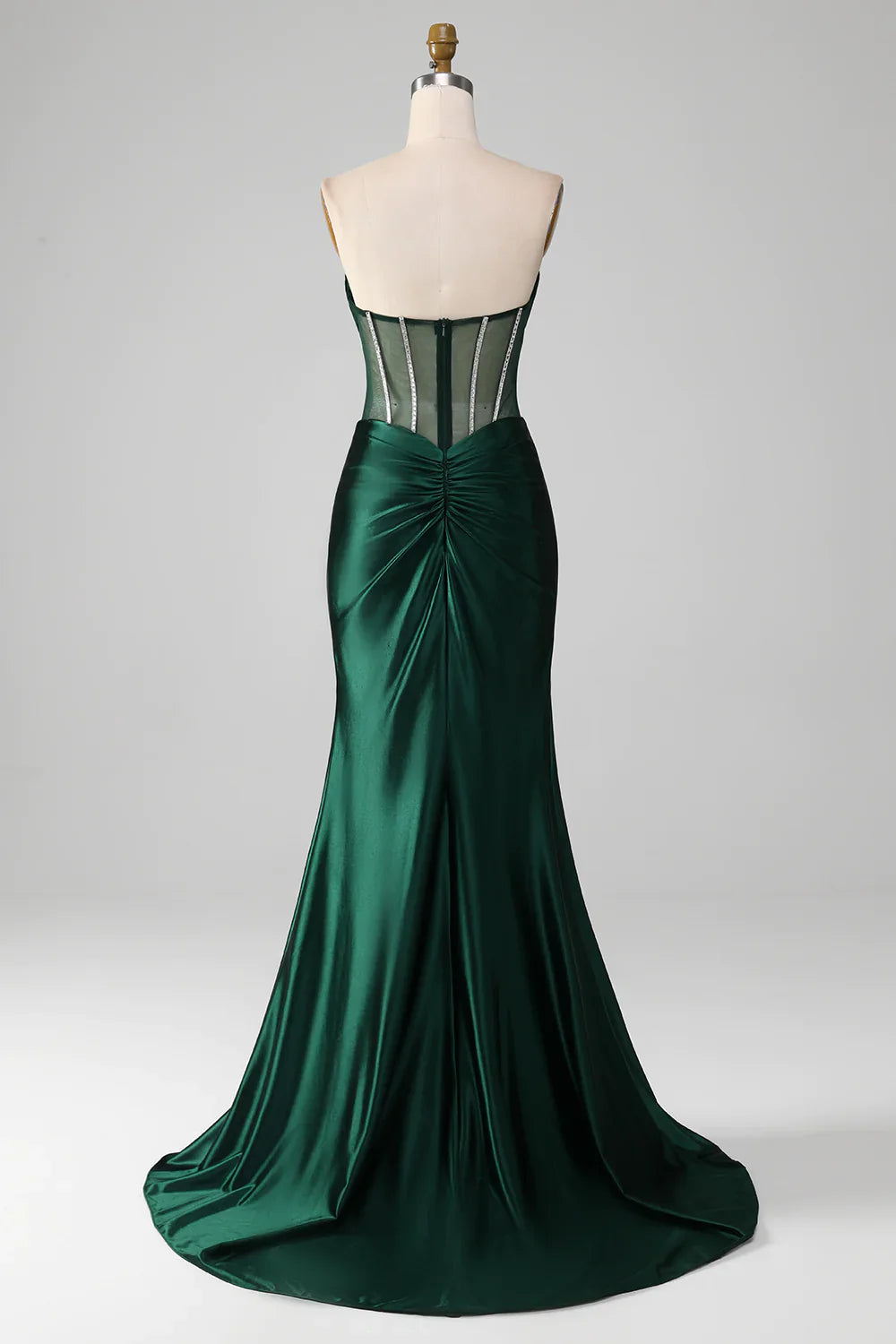 Mermaid Strapless Rhinestones Sheer Waist Corset Dark Green Prom Dress