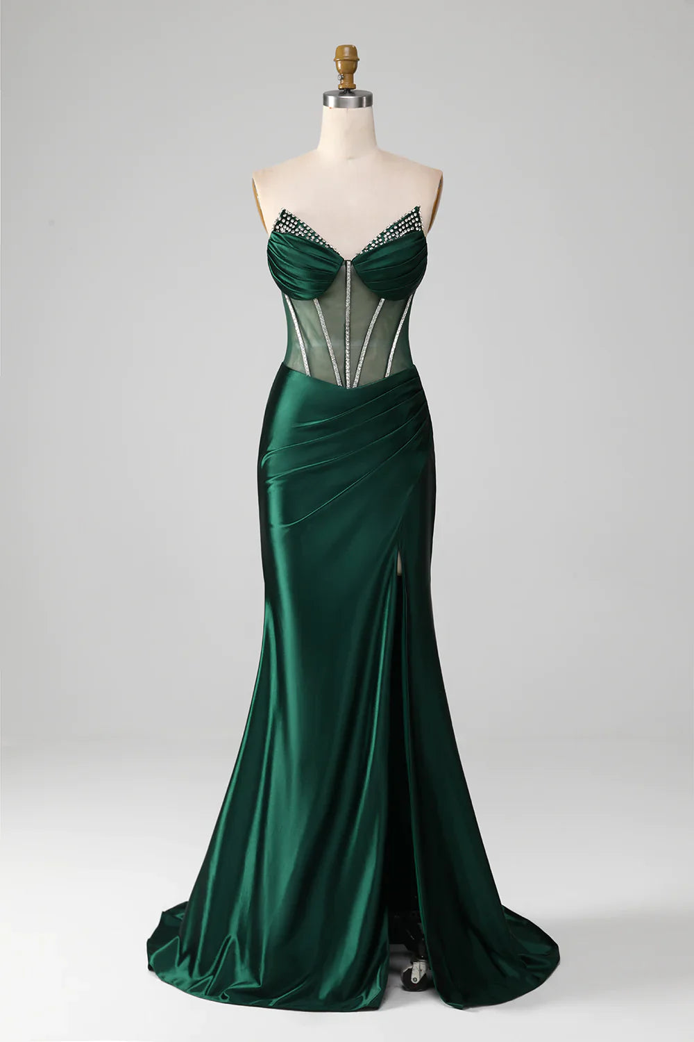 Mermaid Strapless Rhinestones Sheer Waist Corset Dark Green Prom Dress