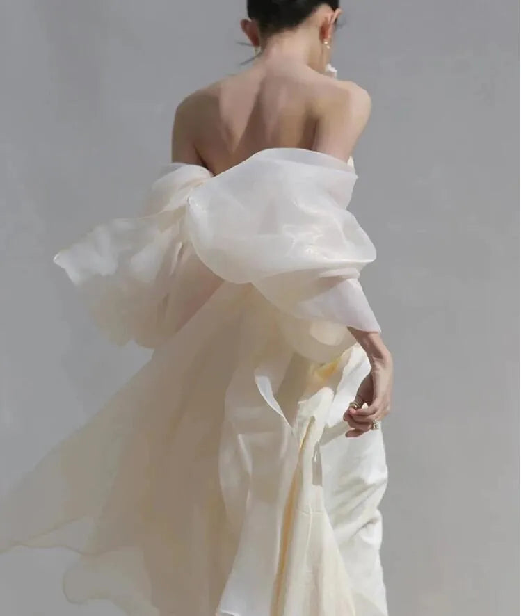 Mermaid Strapless Ruffle Prom Dress Ruched Champagne Wedding Dress Hot Sale