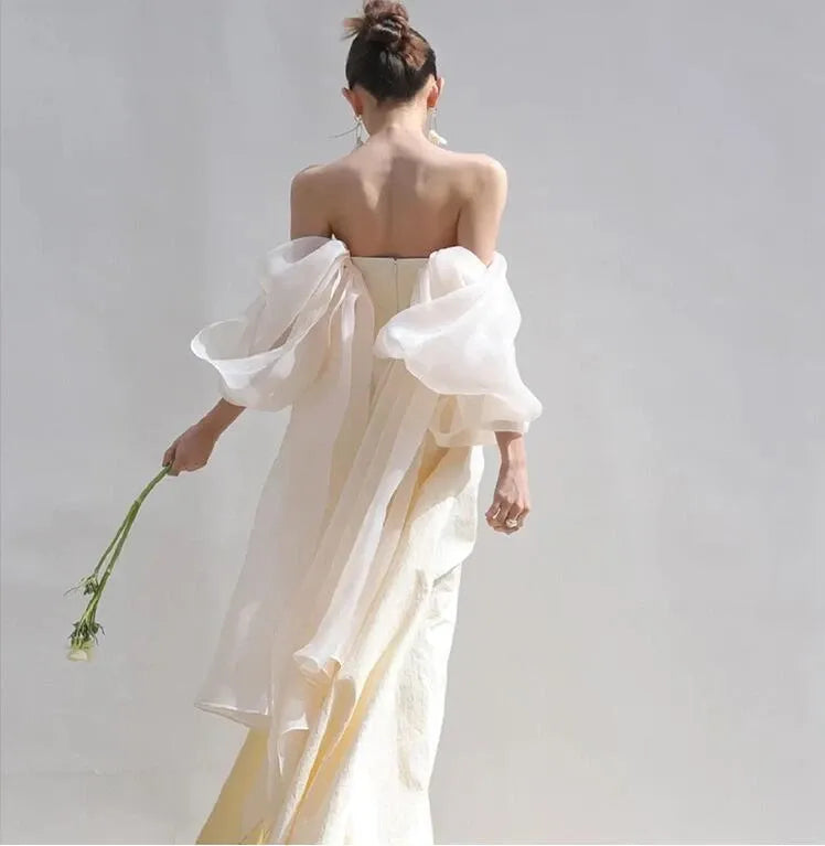 Mermaid Strapless Ruffle Prom Dress Ruched Champagne Wedding Dress Hot Sale