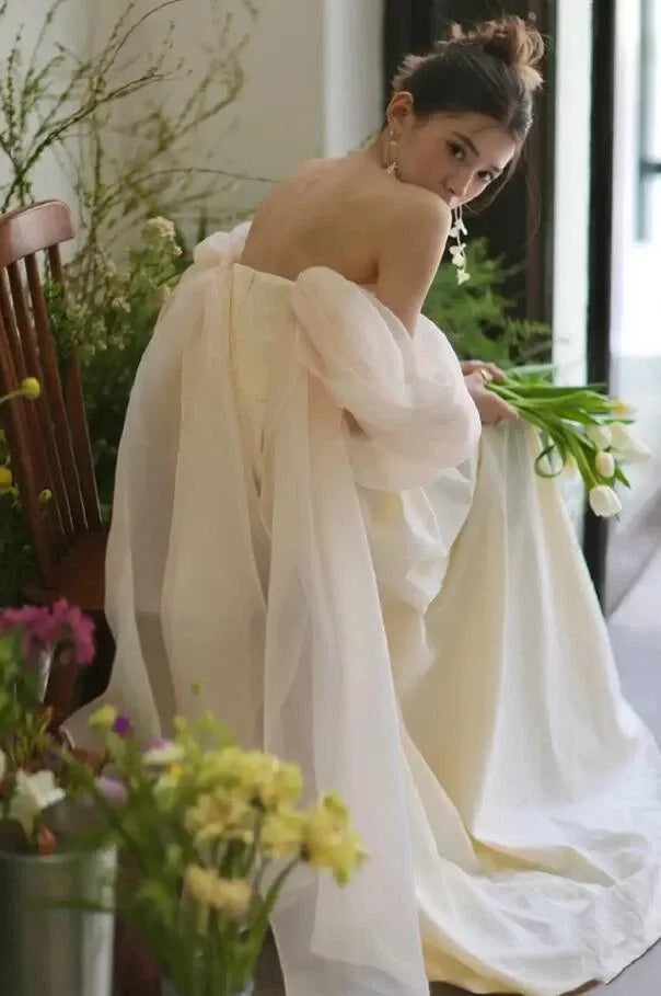 Mermaid Strapless Ruffle Prom Dress Ruched Champagne Wedding Dress Hot Sale