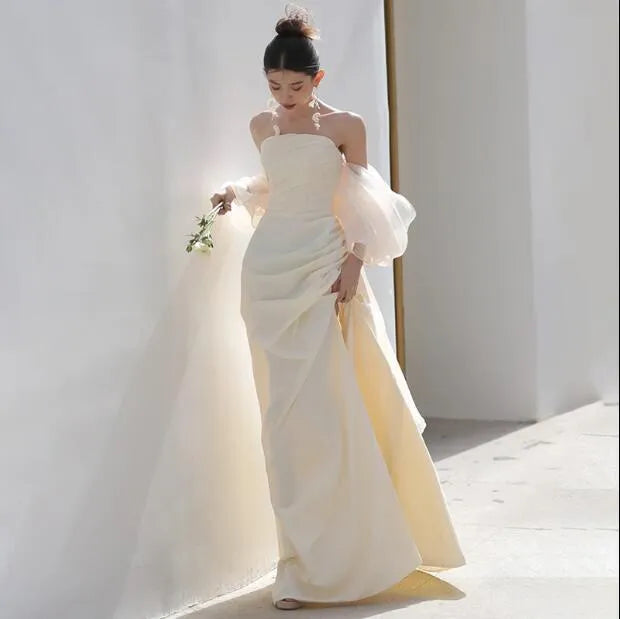 Mermaid Strapless Ruffle Prom Dress Ruched Champagne Wedding Dress Hot Sale