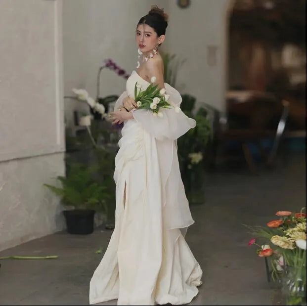 Mermaid Strapless Ruffle Prom Dress Ruched Champagne Wedding Dress Hot Sale