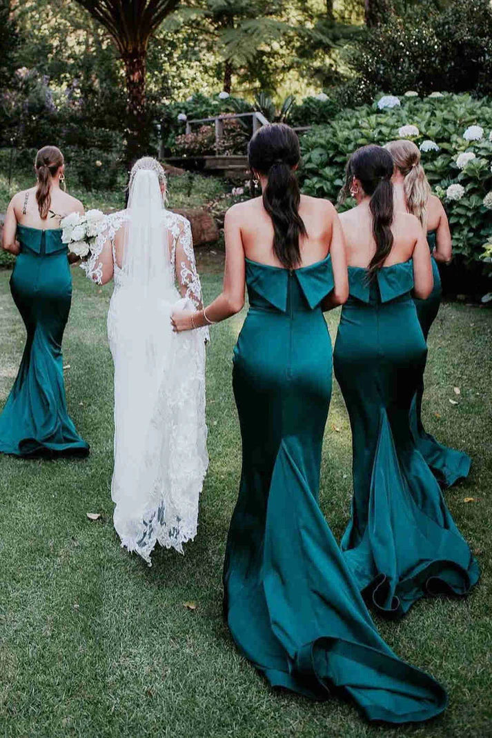 Mermaid Strapless Satin Green Long Bridesmaid Dresses With Short Train
