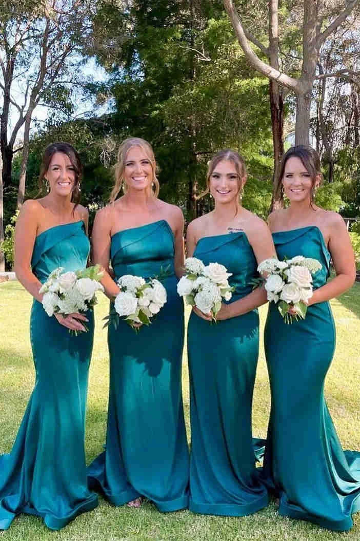Mermaid Strapless Satin Green Long Bridesmaid Dresses With Short Train
