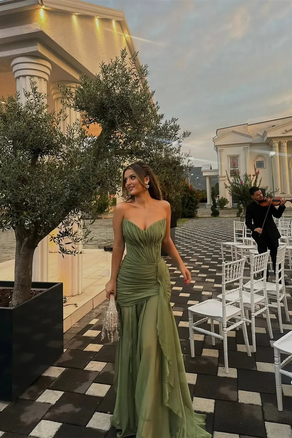 Mermaid Strapless Sweetheart Ruched Chiffon Green Floor-Length Prom Dress Hot Sale