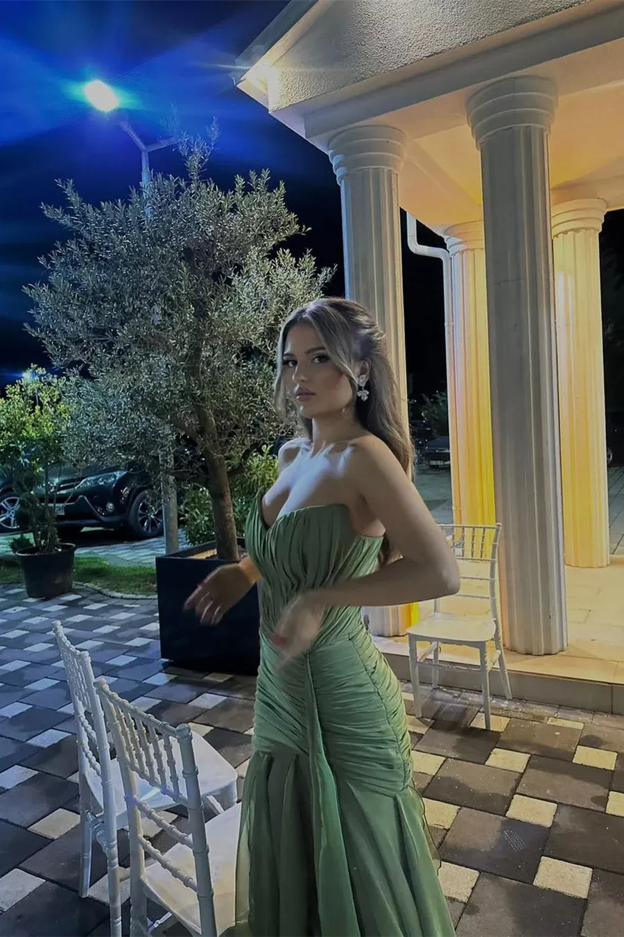 Mermaid Strapless Sweetheart Ruched Chiffon Green Floor-Length Prom Dress Hot Sale