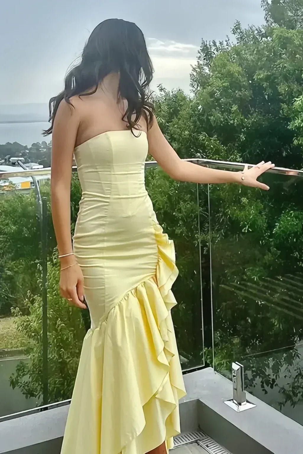 Mermaid Strapless Tiered Ruffle Yellow Floor-Length Prom Dress For Women