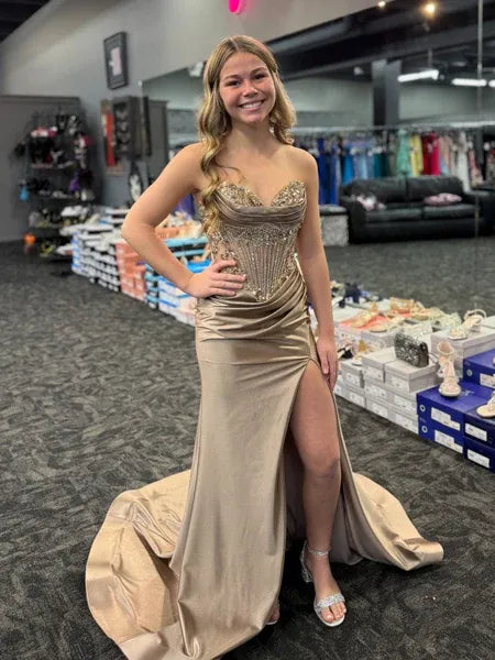 Mermaid Sweetheart Beaded Lace-Up Satin Champagne Train Prom Dress