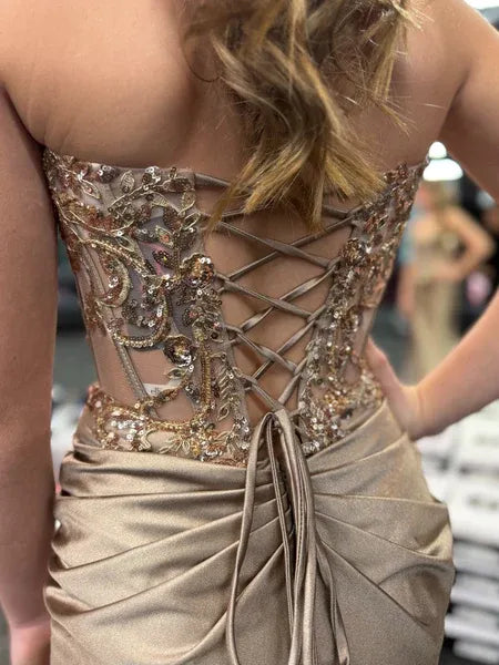 Mermaid Sweetheart Beaded Lace-Up Satin Champagne Train Prom Dress