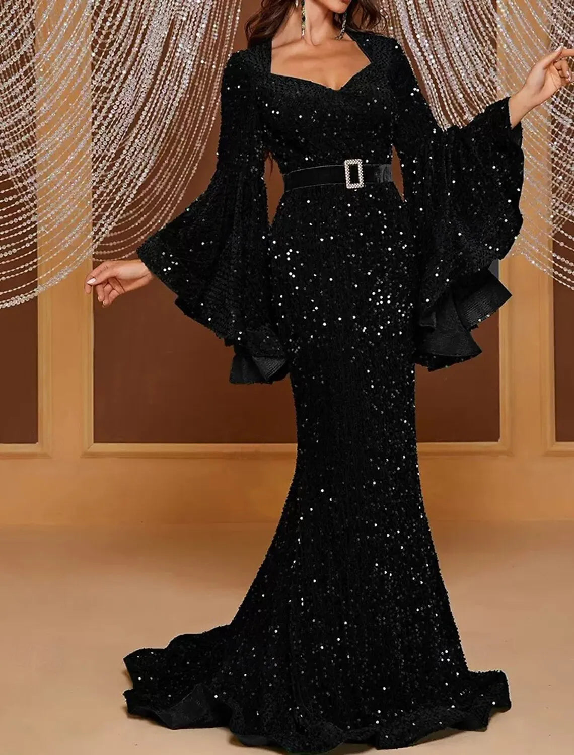 Mermaid Sweetheart Bell Sleeve Belted Sequin Black Maxi Prom Dress With Sweep Train