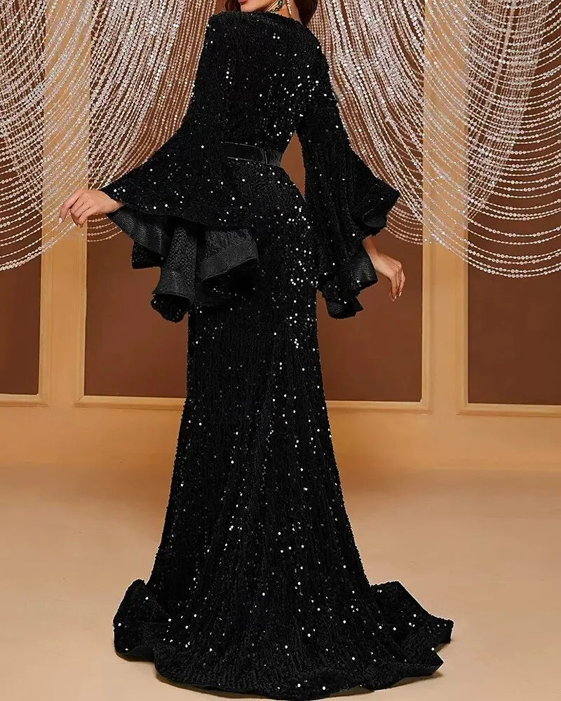 Mermaid Sweetheart Bell Sleeve Belted Sequin Black Maxi Prom Dress With Sweep Train