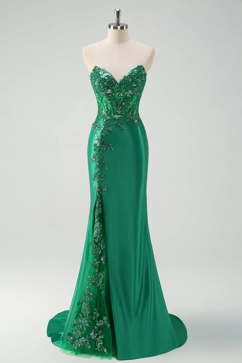 Mermaid Sweetheart Corset Applique Sequin Emerald Green Train Prom Dress For Sale