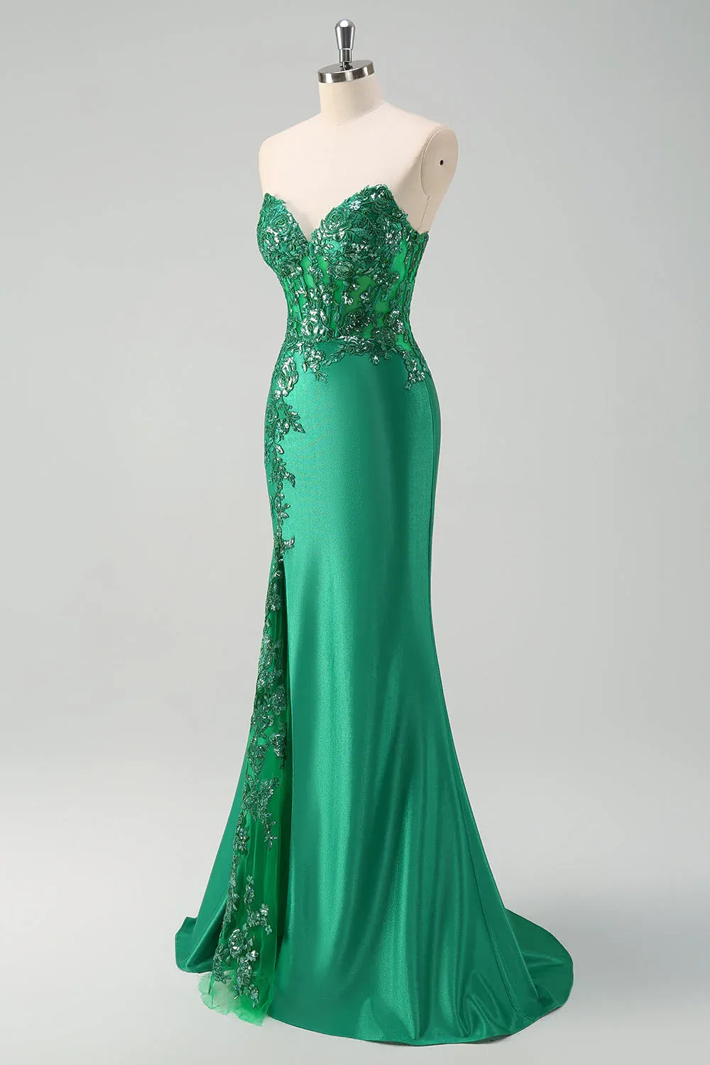 Mermaid Sweetheart Corset Applique Sequin Emerald Green Train Prom Dress For Sale