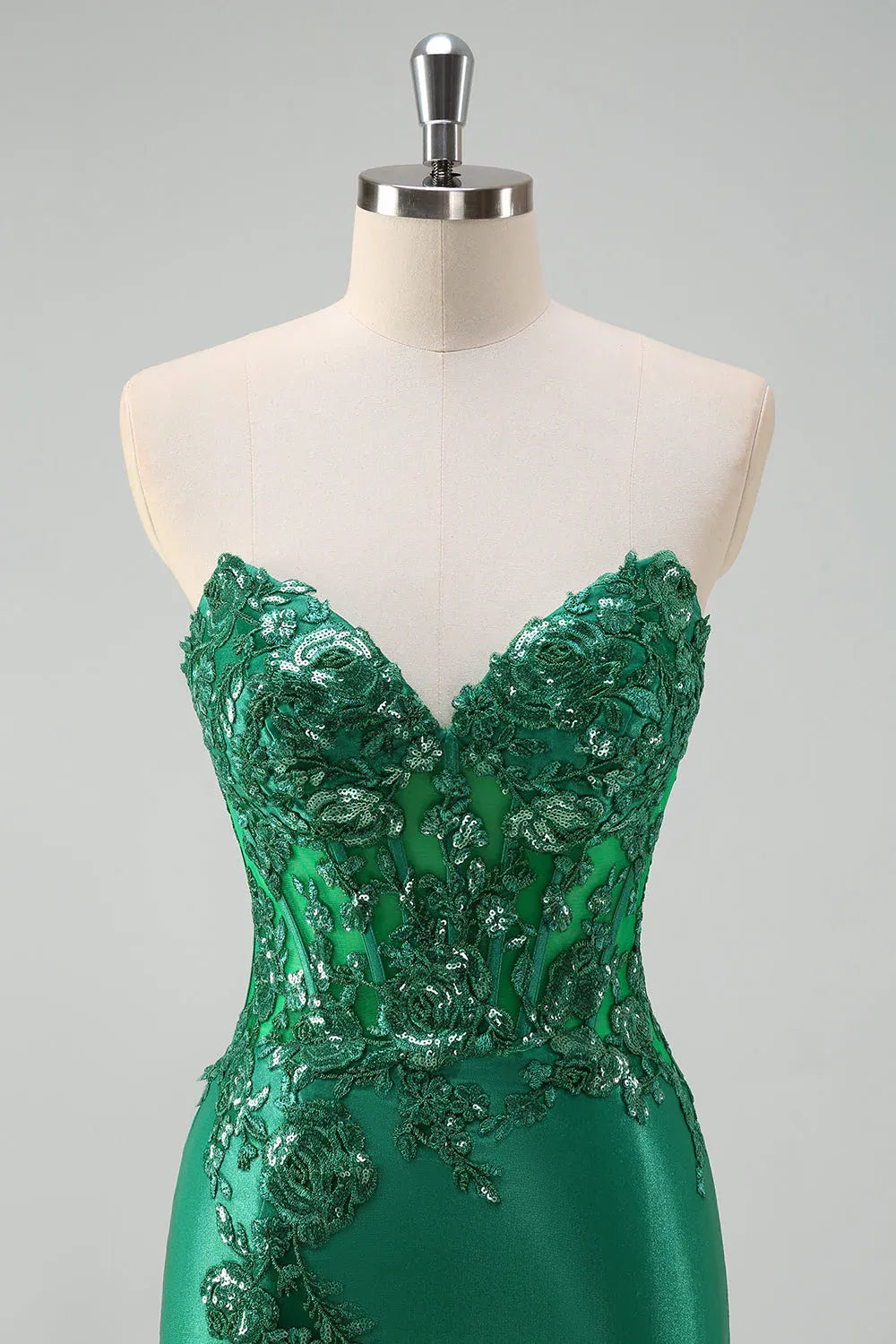 Mermaid Sweetheart Corset Applique Sequin Emerald Green Train Prom Dress For Sale