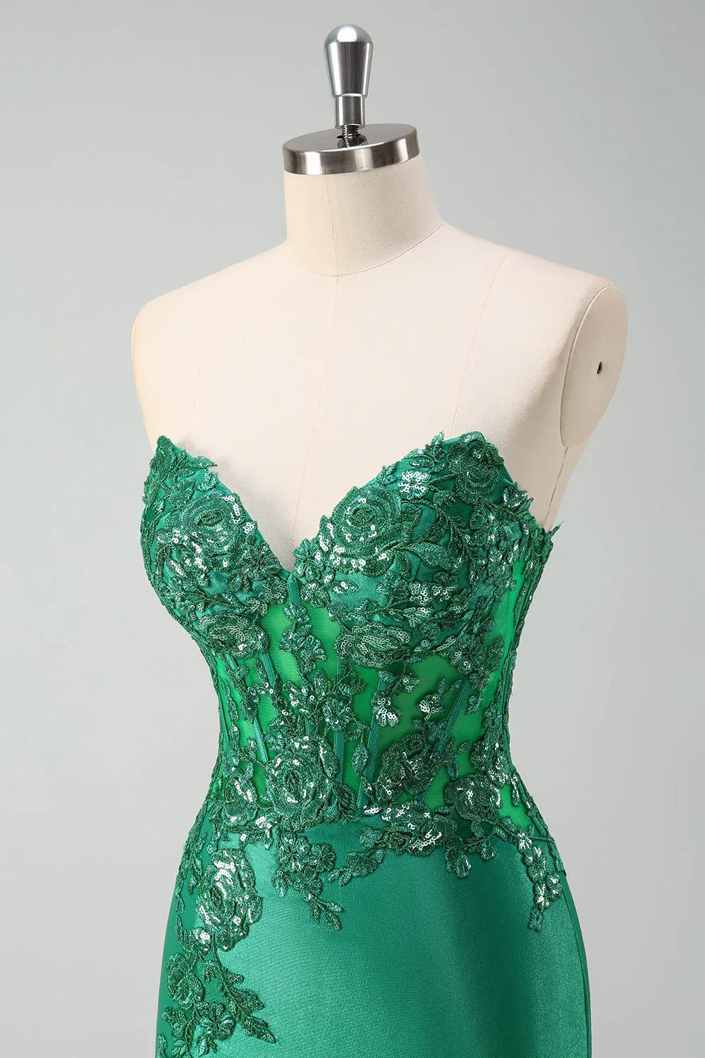 Mermaid Sweetheart Corset Applique Sequin Emerald Green Train Prom Dress For Sale