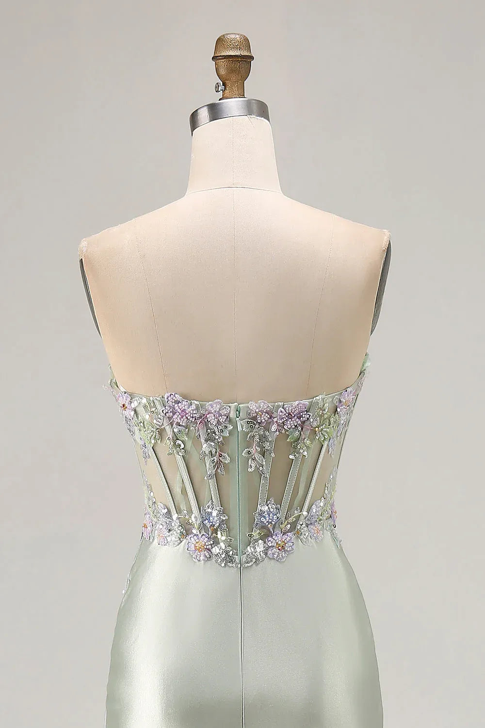 Mermaid Sweetheart Corset Appliques Ruffle Satin Dusty Sage Maxi Prom Dress