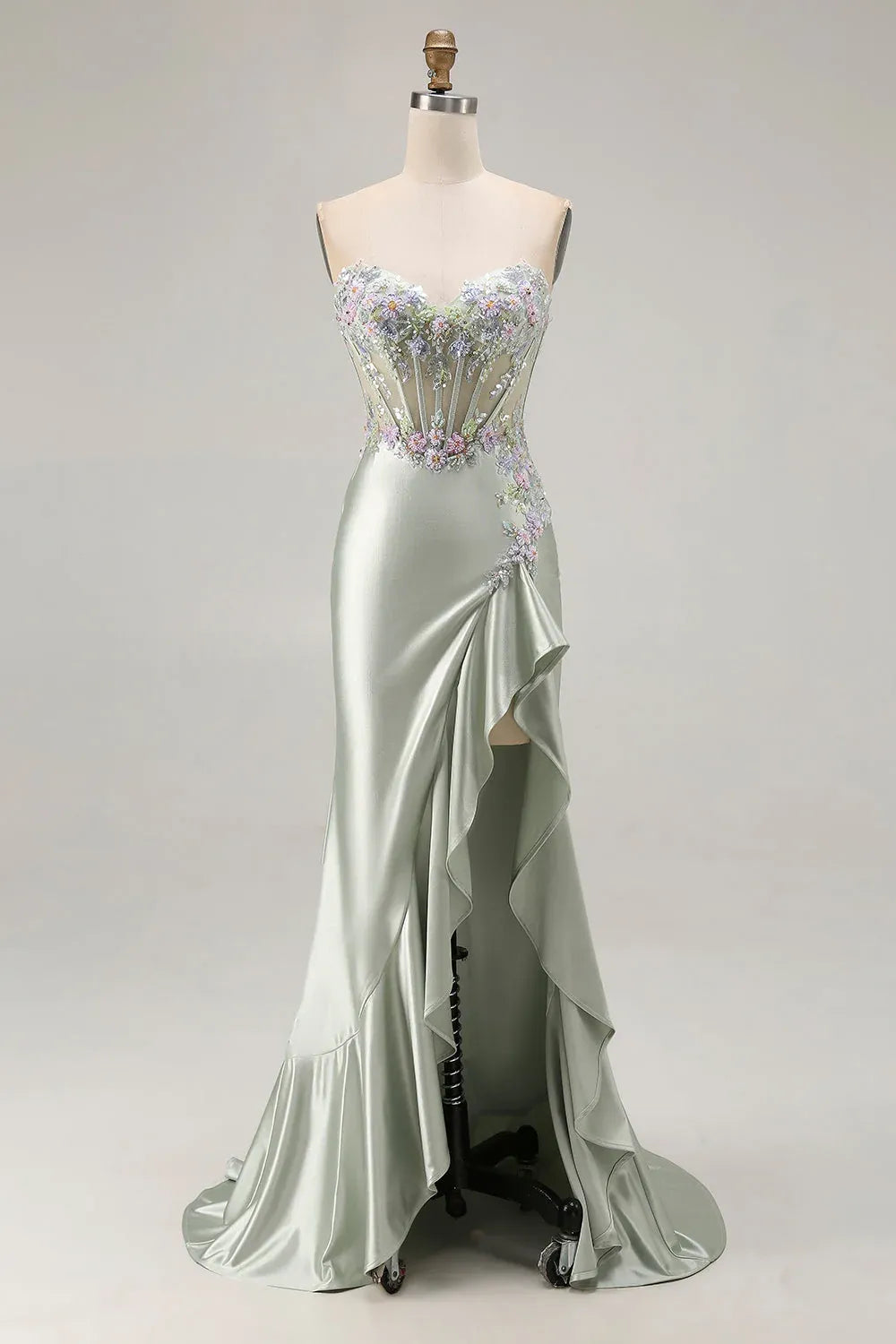Mermaid Sweetheart Corset Appliques Ruffle Satin Dusty Sage Maxi Prom Dress