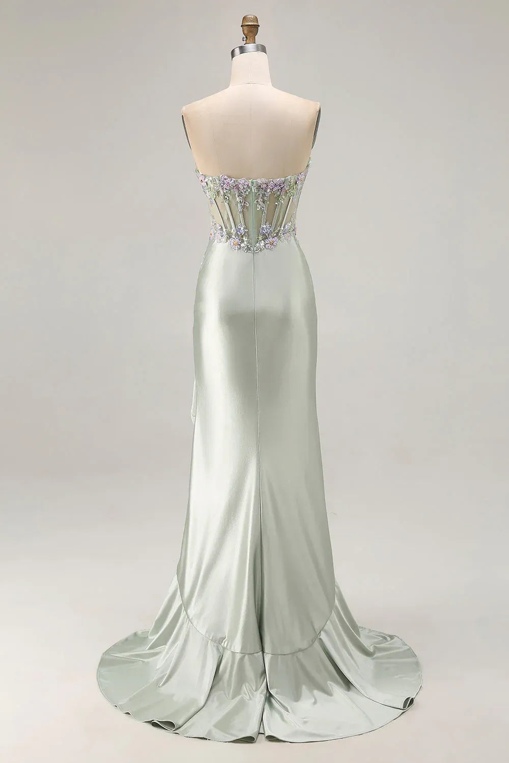 Mermaid Sweetheart Corset Appliques Ruffle Satin Dusty Sage Maxi Prom Dress