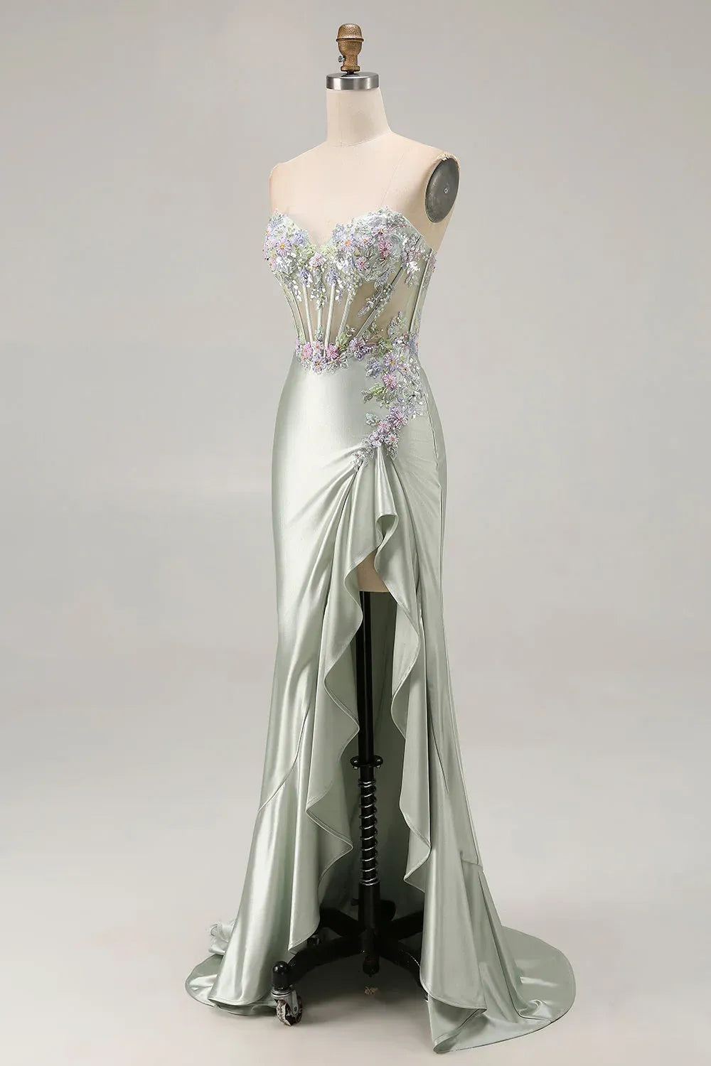 Mermaid Sweetheart Corset Appliques Ruffle Satin Dusty Sage Maxi Prom Dress