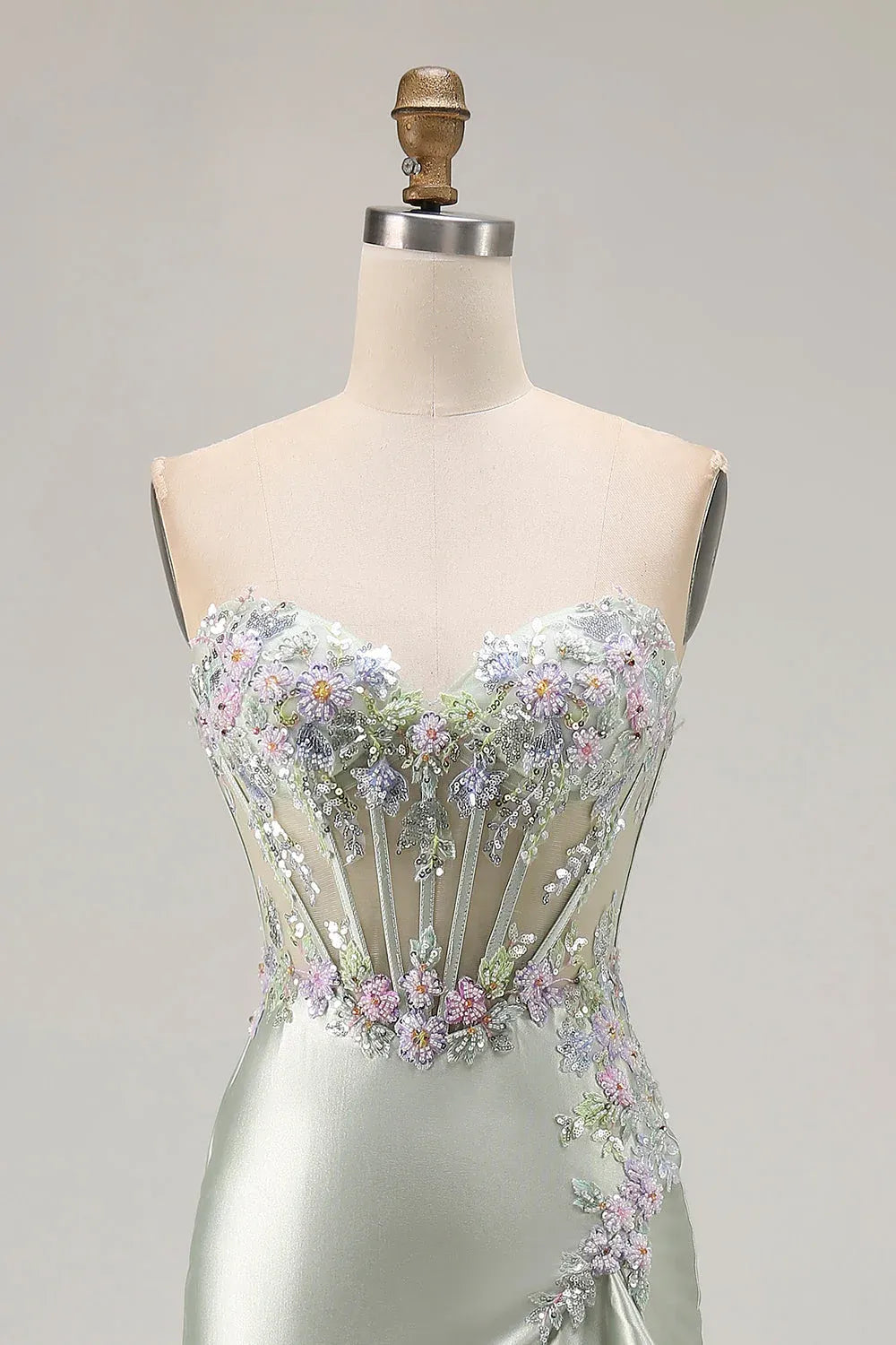 Mermaid Sweetheart Corset Appliques Ruffle Satin Dusty Sage Maxi Prom Dress