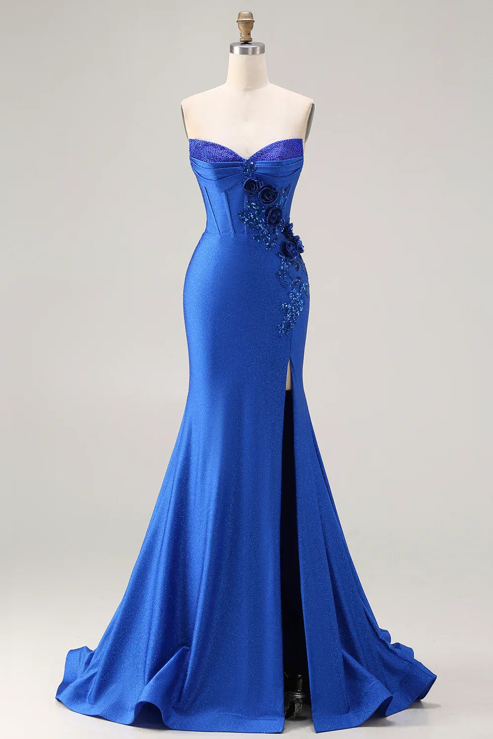 Mermaid Sweetheart Corset Floral Beaded Royal Blue Train Prom Dress Hot Sale