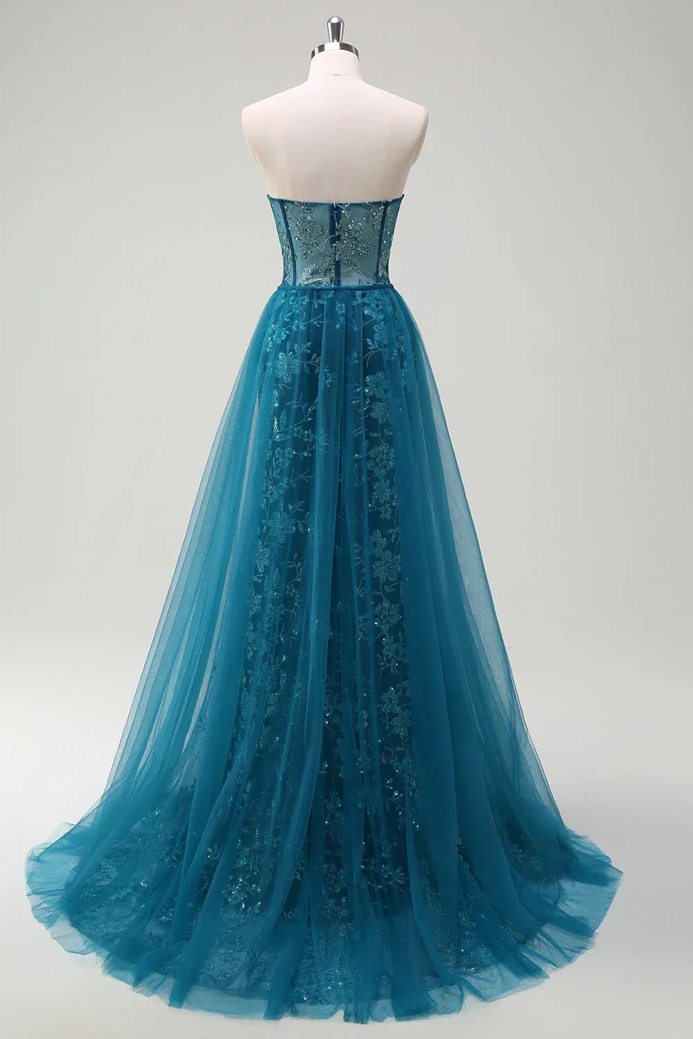 Mermaid Sweetheart Corset Sequin Peacock Maxi Prom Dress With Tulle Cape