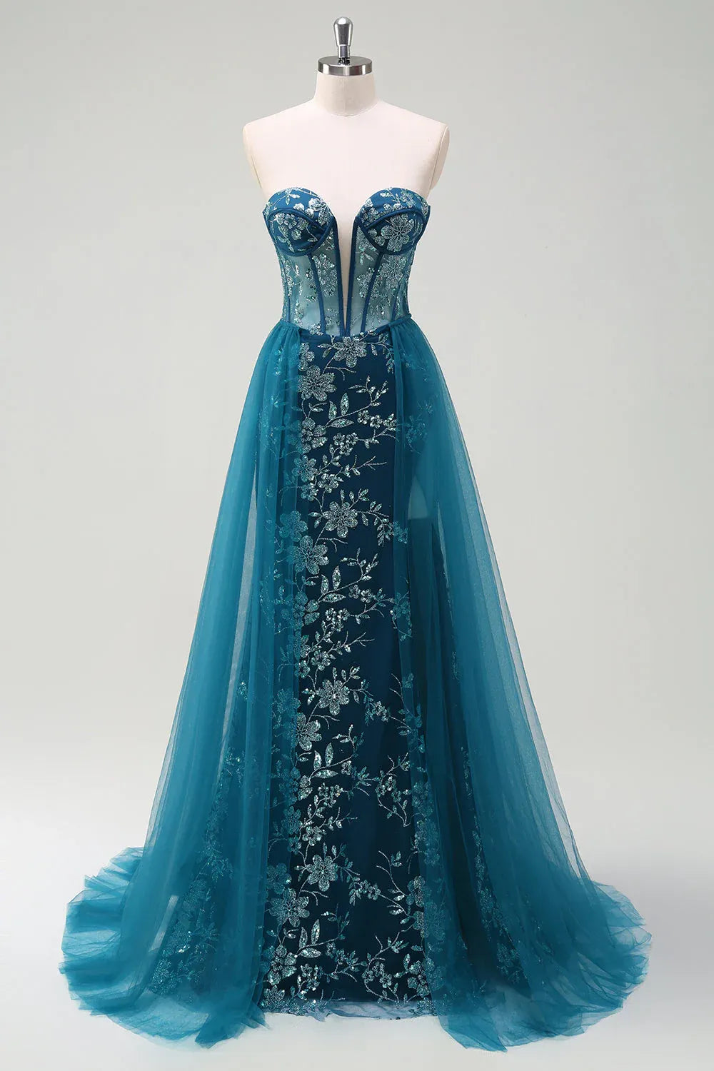 Mermaid Sweetheart Corset Sequin Peacock Maxi Prom Dress With Tulle Cape