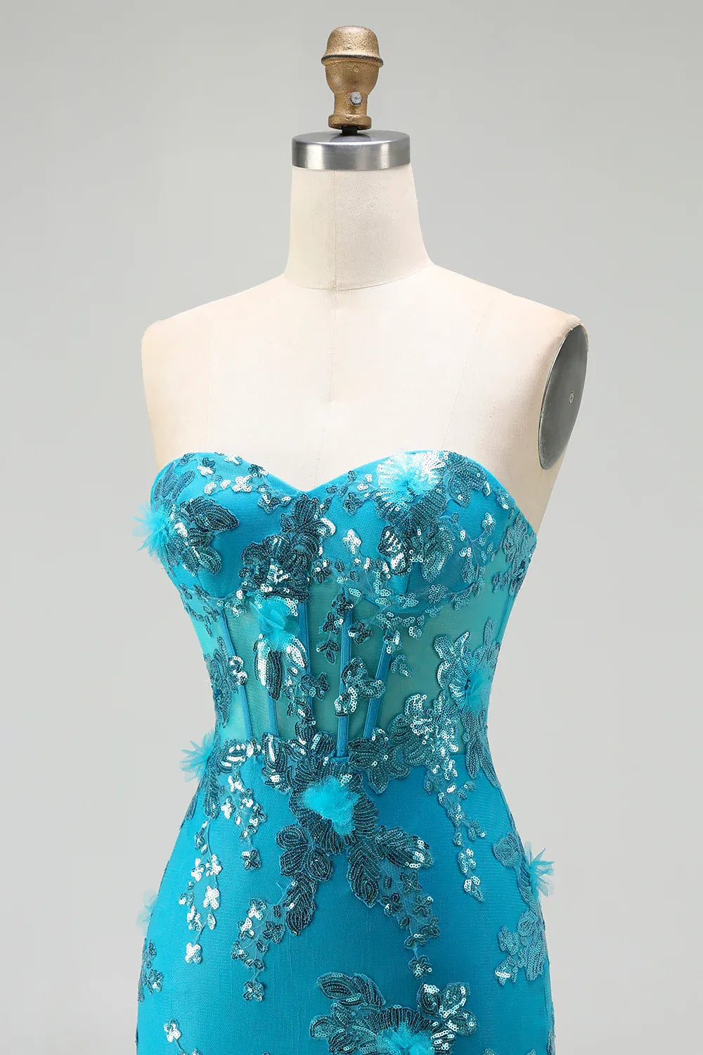 Mermaid Sweetheart Corset Sequin Tiered Ruffled Turquoise Maxi Prom Dress