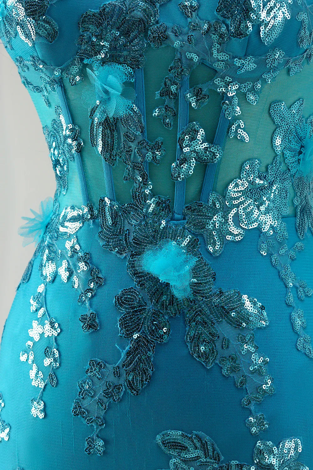 Mermaid Sweetheart Corset Sequin Tiered Ruffled Turquoise Maxi Prom Dress