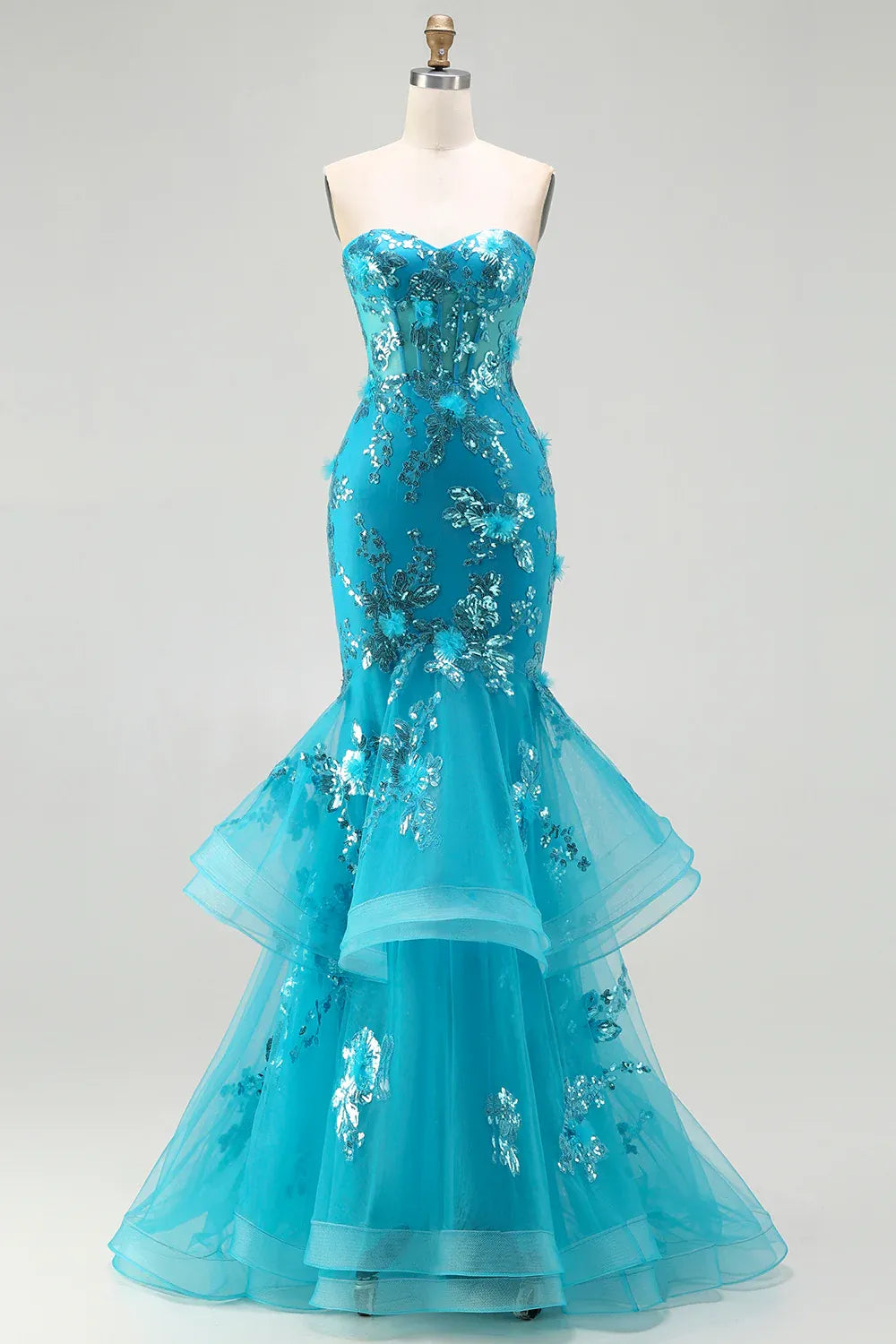 Mermaid Sweetheart Corset Sequin Tiered Ruffled Turquoise Maxi Prom Dress