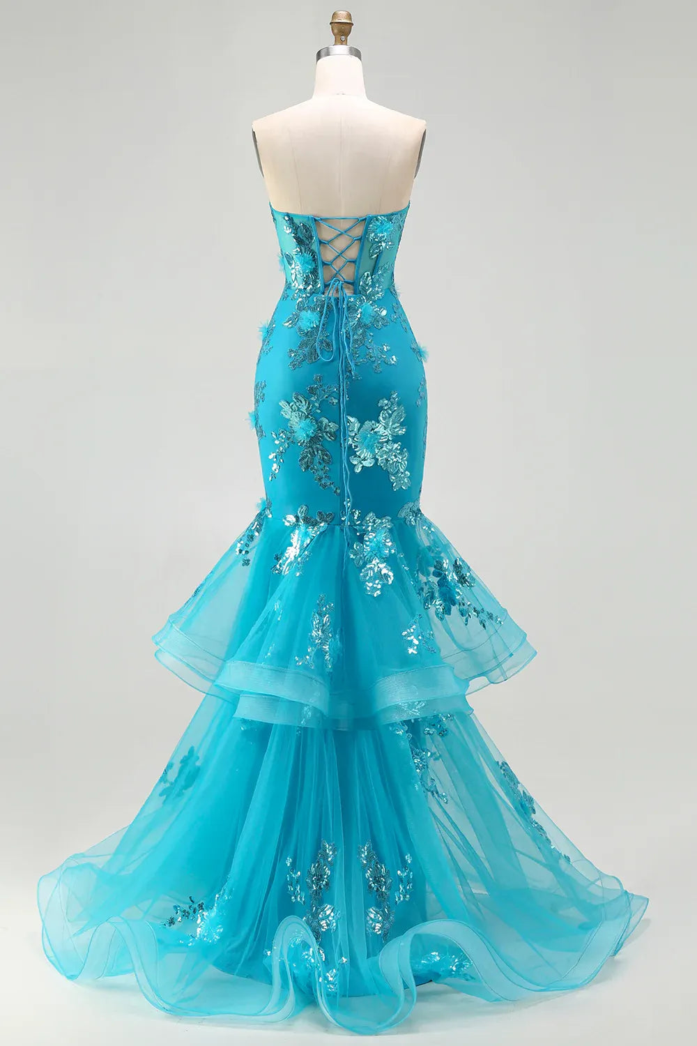 Mermaid Sweetheart Corset Sequin Tiered Ruffled Turquoise Maxi Prom Dress