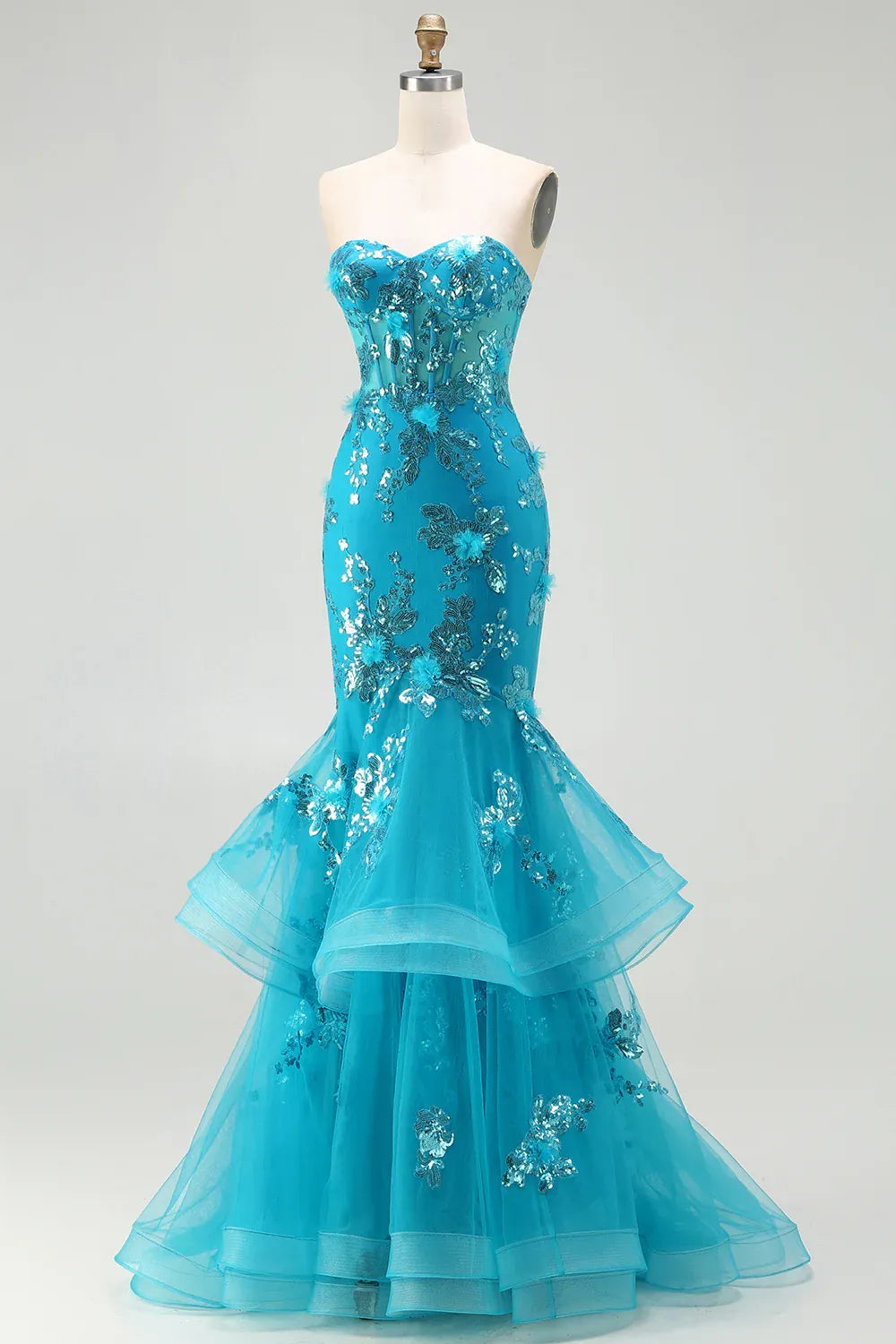 Mermaid Sweetheart Corset Sequin Tiered Ruffled Turquoise Maxi Prom Dress