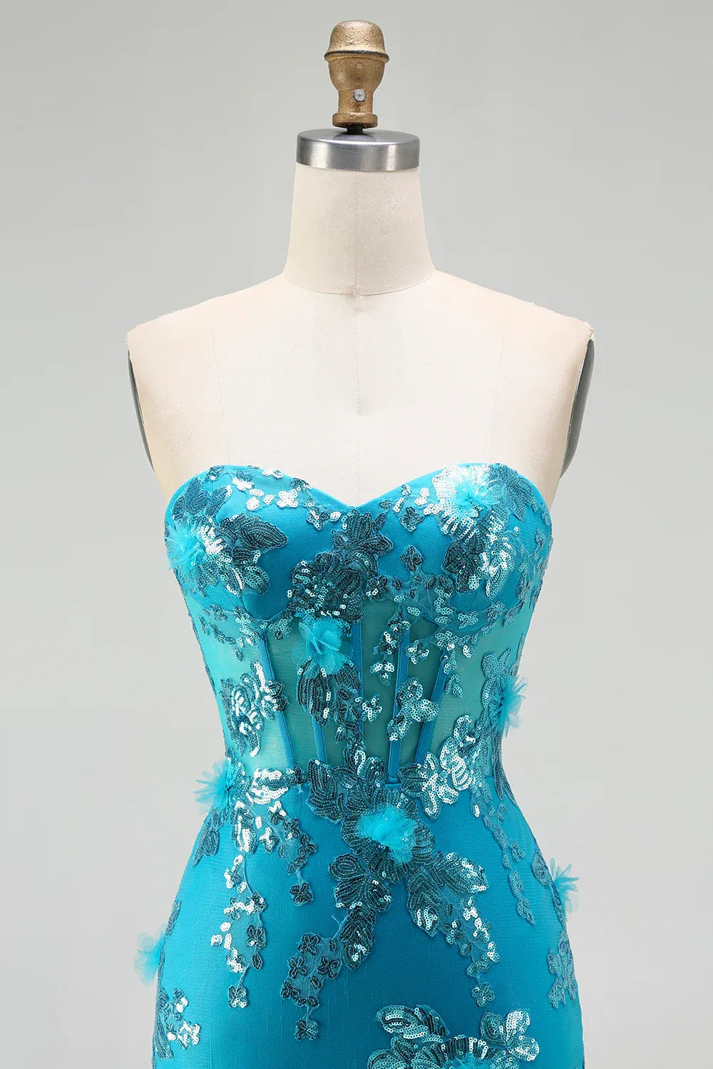Mermaid Sweetheart Corset Sequin Tiered Ruffled Turquoise Maxi Prom Dress