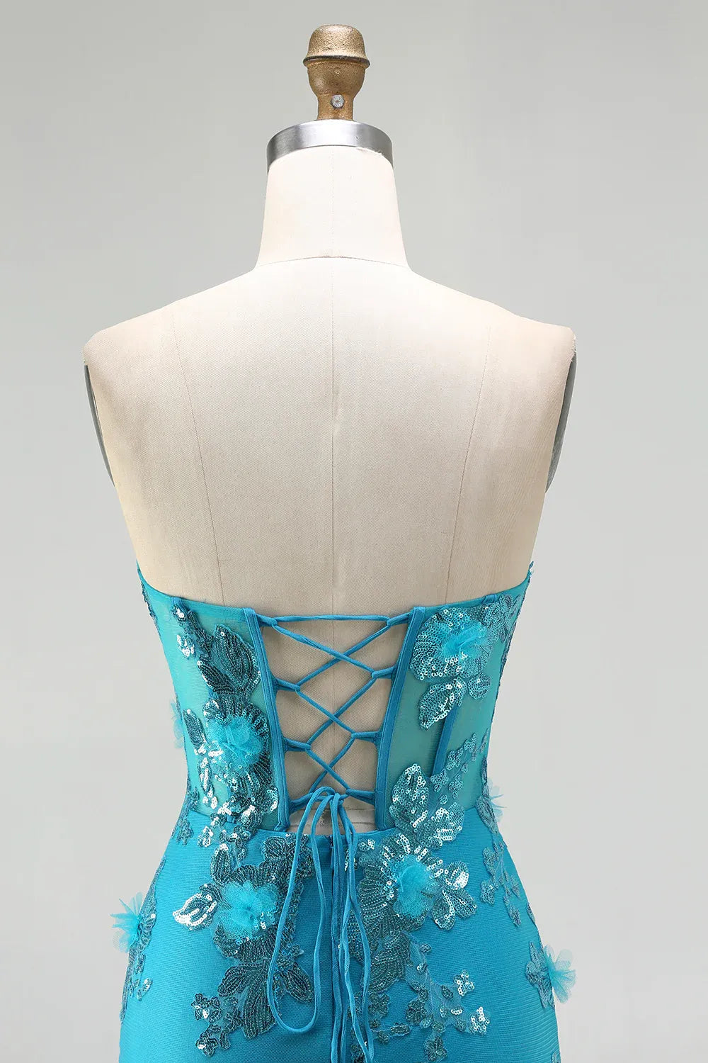 Mermaid Sweetheart Corset Sequin Tiered Ruffled Turquoise Maxi Prom Dress