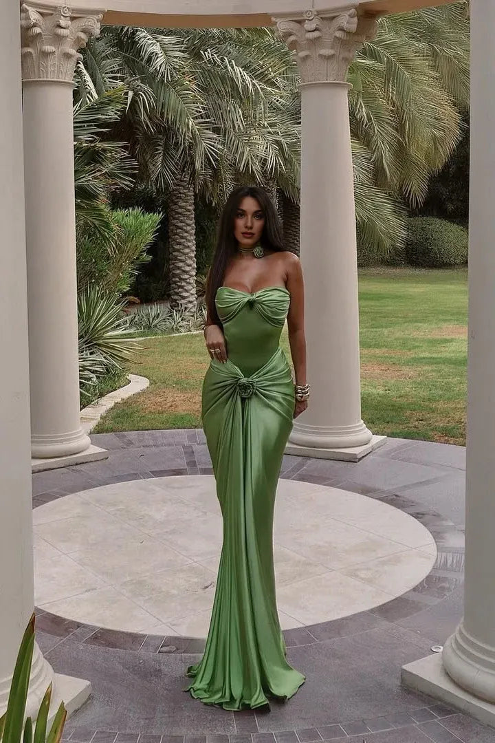 Mermaid Sweetheart Knot Ruffles 3D Rose Green Long Prom Dress