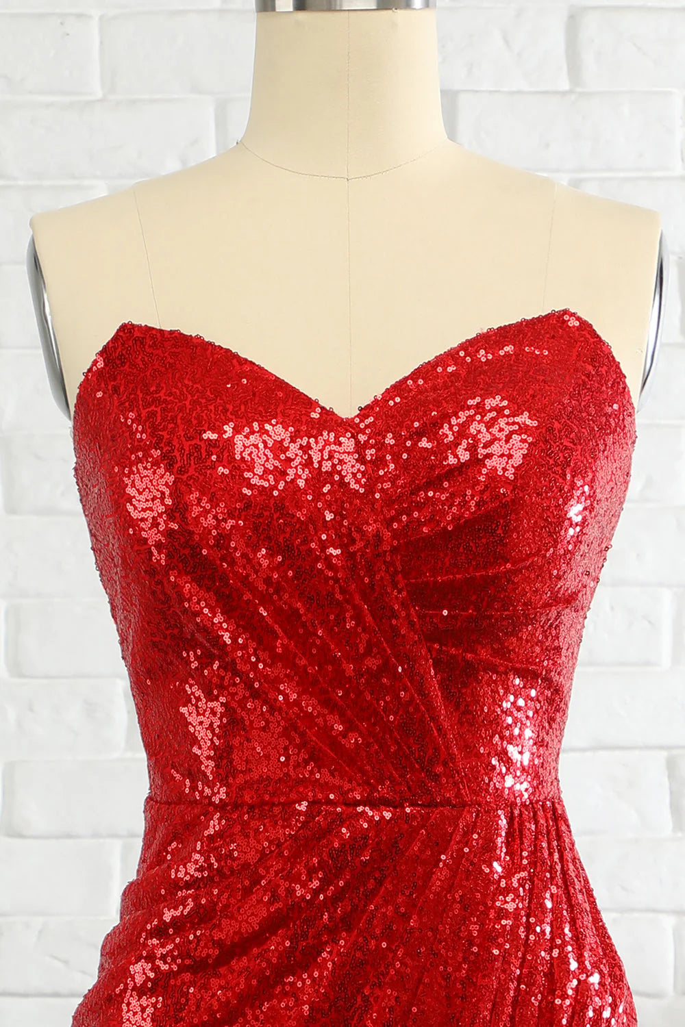 Mermaid Sweetheart Pleated Sequins Red Long Evening Dress With Slit