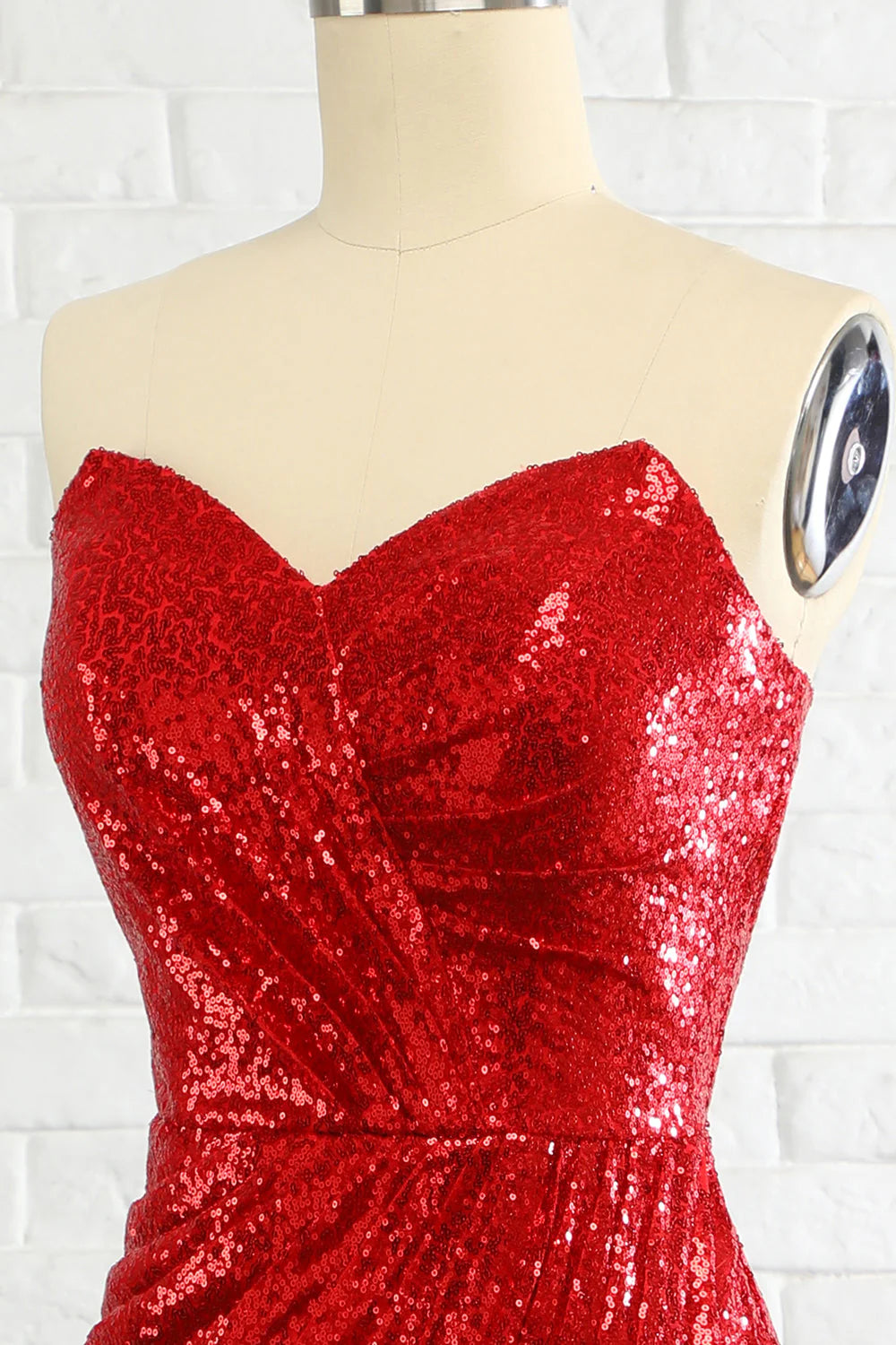 Mermaid Sweetheart Pleated Sequins Red Long Evening Dress With Slit