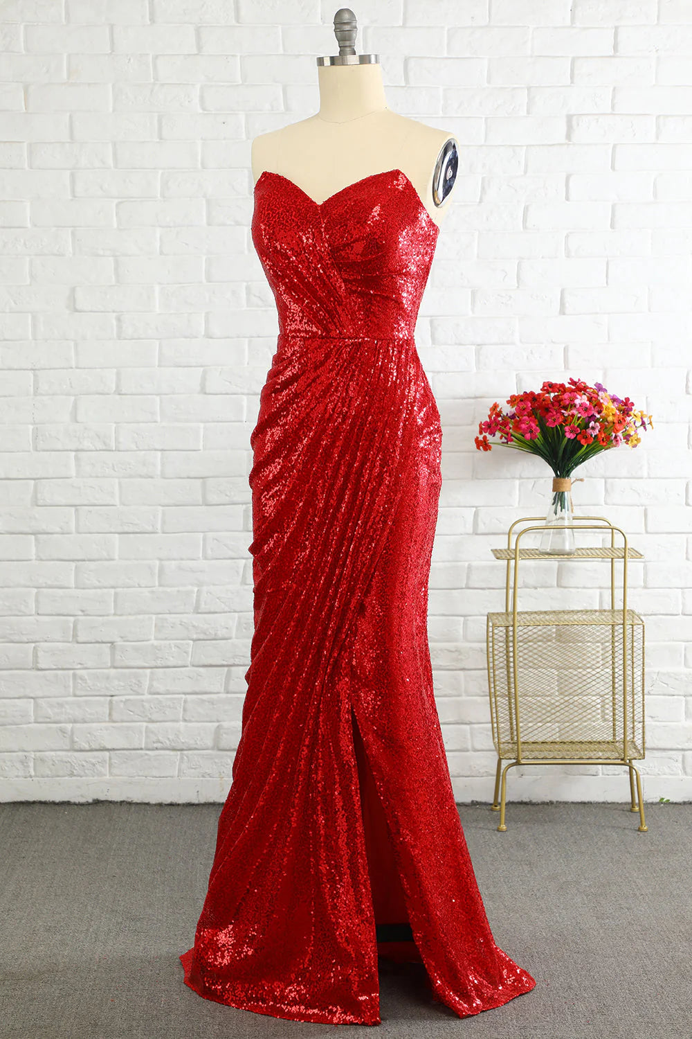 Mermaid Sweetheart Pleated Sequins Red Long Evening Dress With Slit