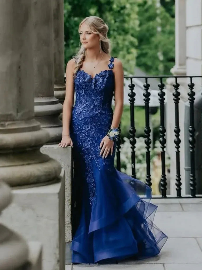 Mermaid Sweetheart Sequins Applique Tulle Royal Blue Long Prom Dress