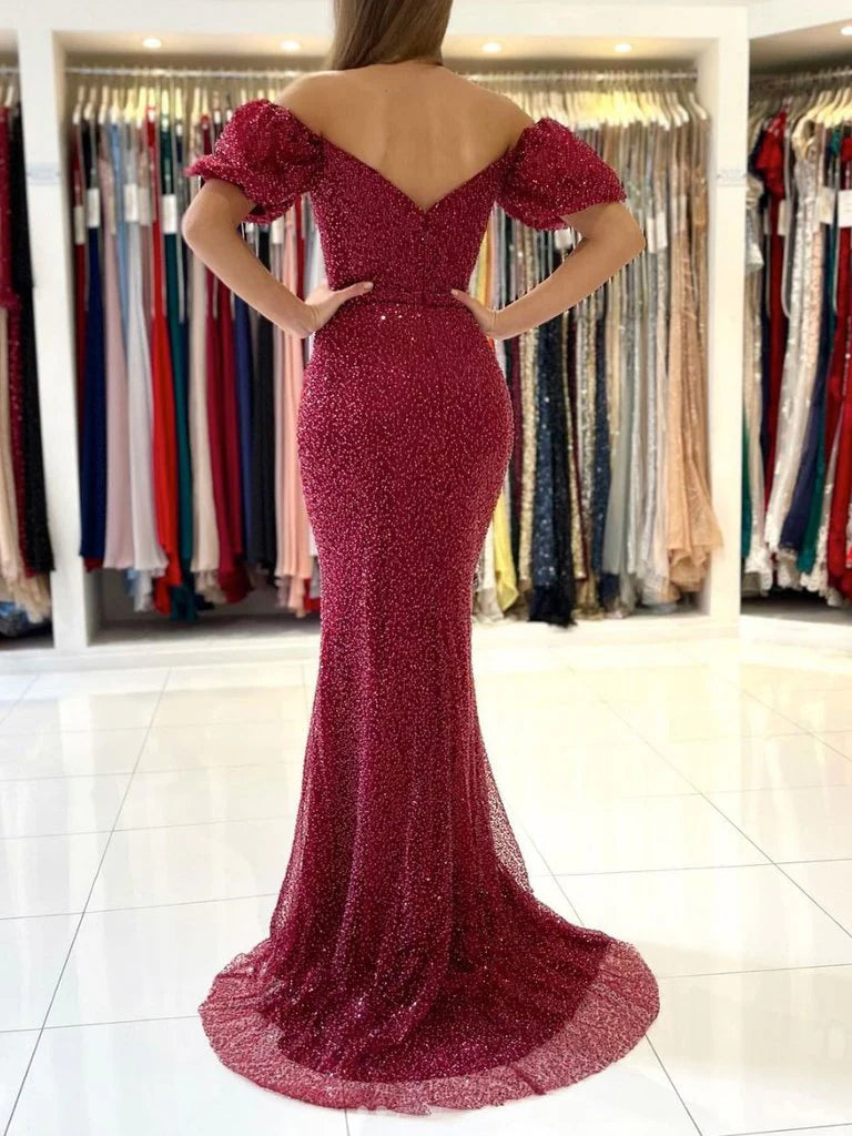 Mermaid Sweetheart Short Sleeves Sequins Burgundy Prom Dress With Train