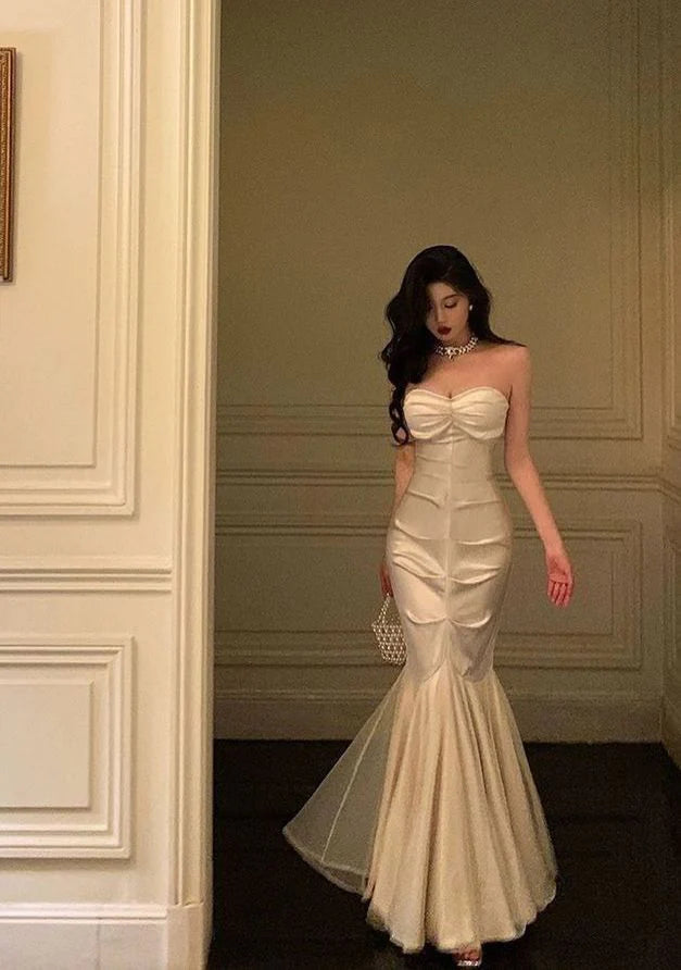 Mermaid Sweetheart Strapless Pleated Satin Champagne Prom Dress Evening Dress