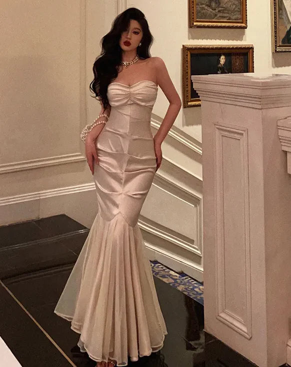 Mermaid Sweetheart Strapless Pleated Satin Champagne Prom Dress Evening Dress
