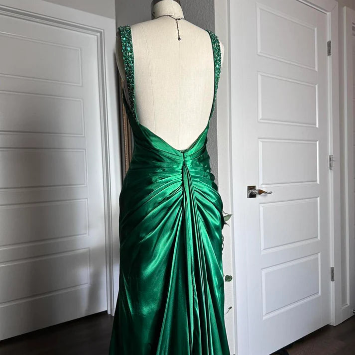 Mermaid V-Neck Beaded Sequins Backless Satin Green Long Party Dress