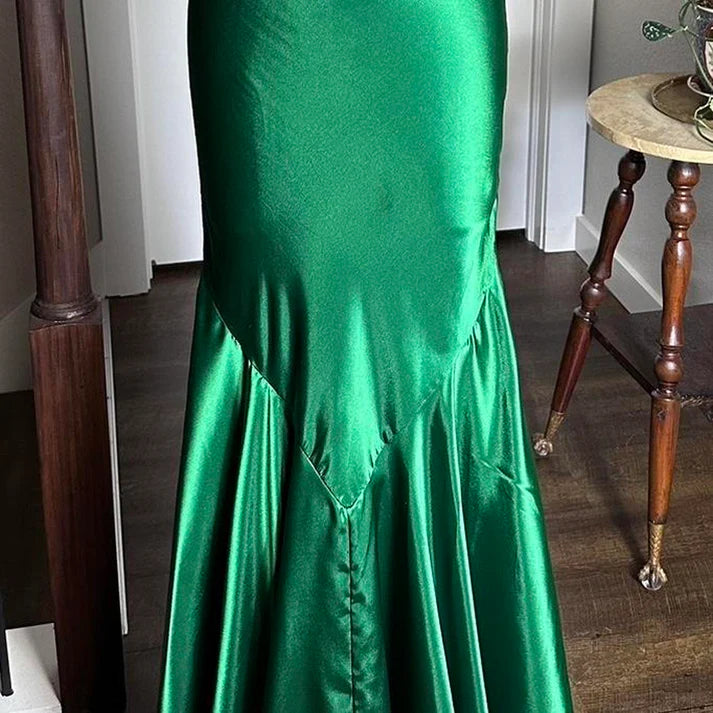 Mermaid V-Neck Beaded Sequins Backless Satin Green Long Party Dress